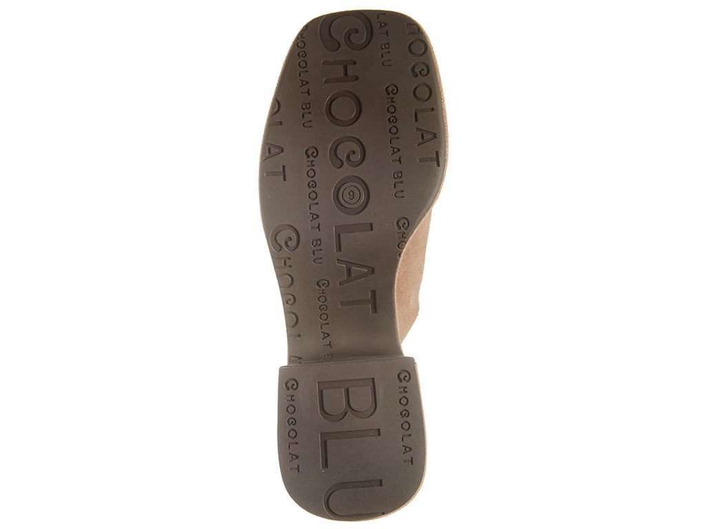 Latte (light brown) slide-in platform heeled clog shoe on a white background bottom sole view