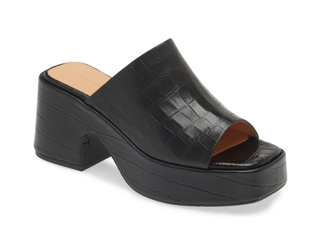 Black peep toe chunky heel platform slide with croco design side angle view