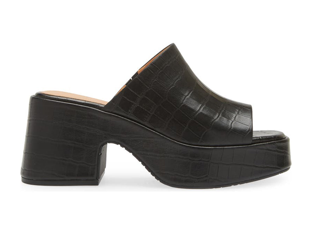 Black peep toe chunky heel platform slide with croco design side view
