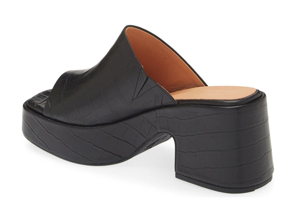 Black peep toe chunky heel platform slide with croco design side angle view