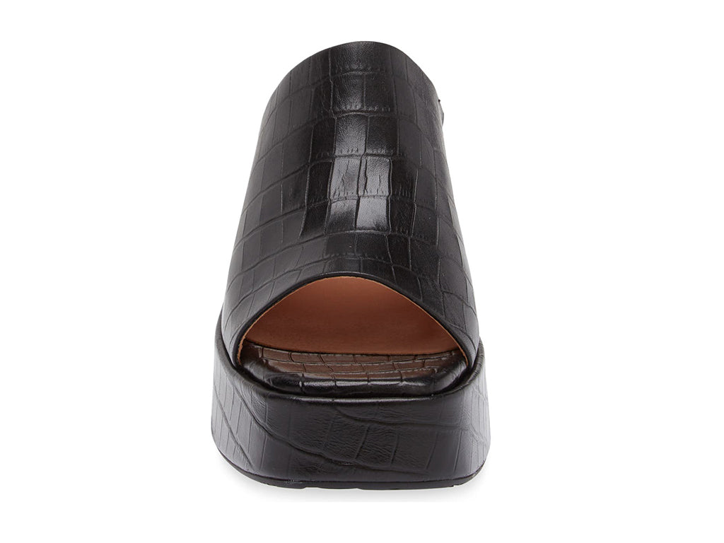 Black peep toe chunky heel platform slide with croco design front view