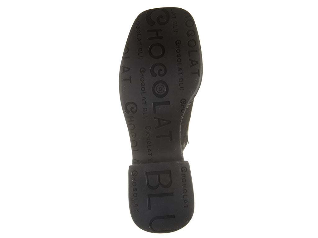 Black peep toe chunky heel platform slide with croco design bottom sole view