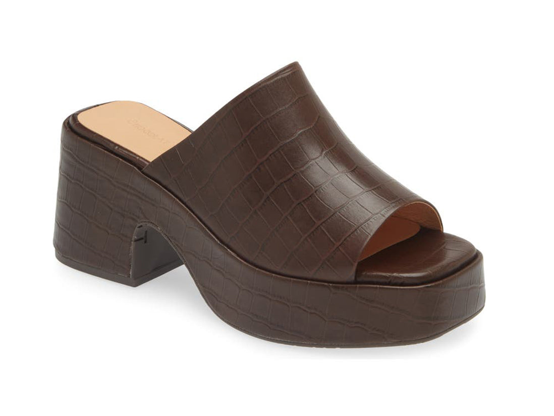 A brown peep toe chunky heel platform slide with croco design side angle view
