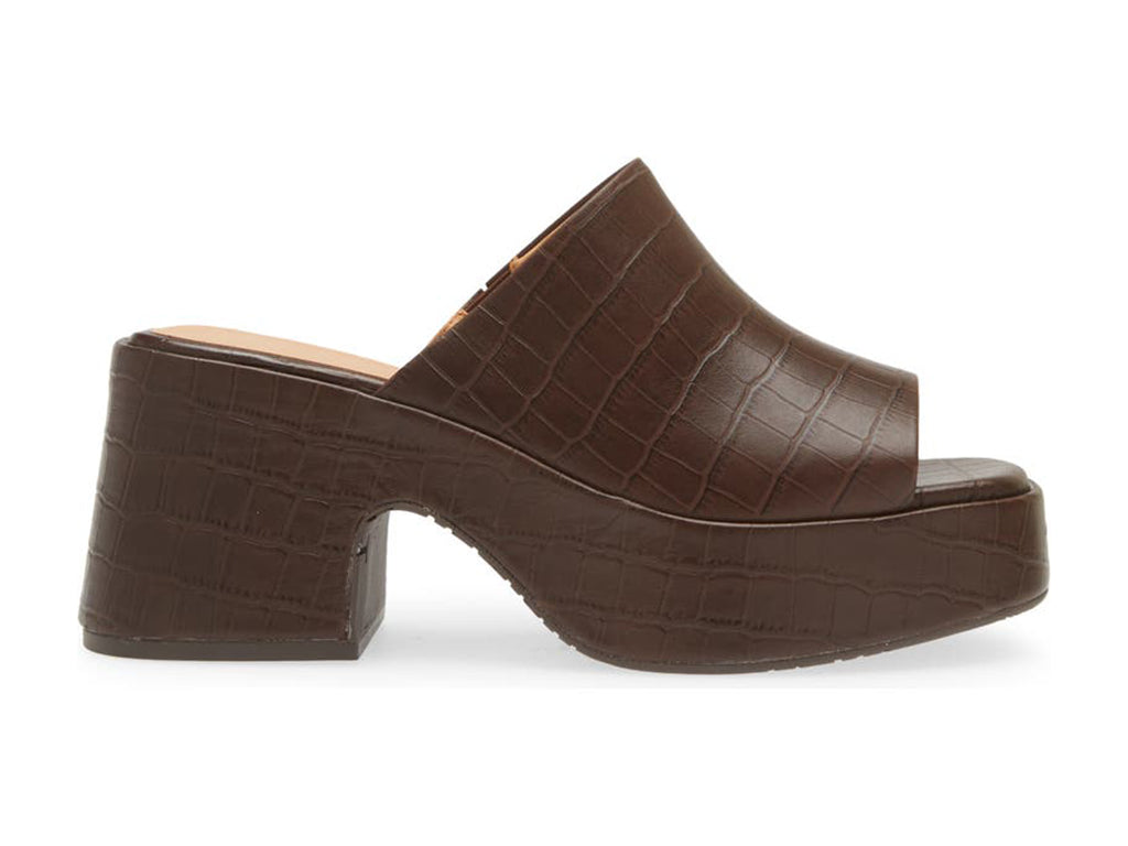 A brown peep toe chunky heel platform slide with croco design side view