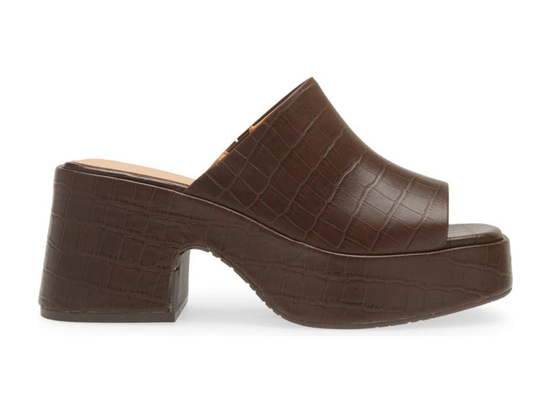 A brown peep toe chunky heel platform slide with croco design side view