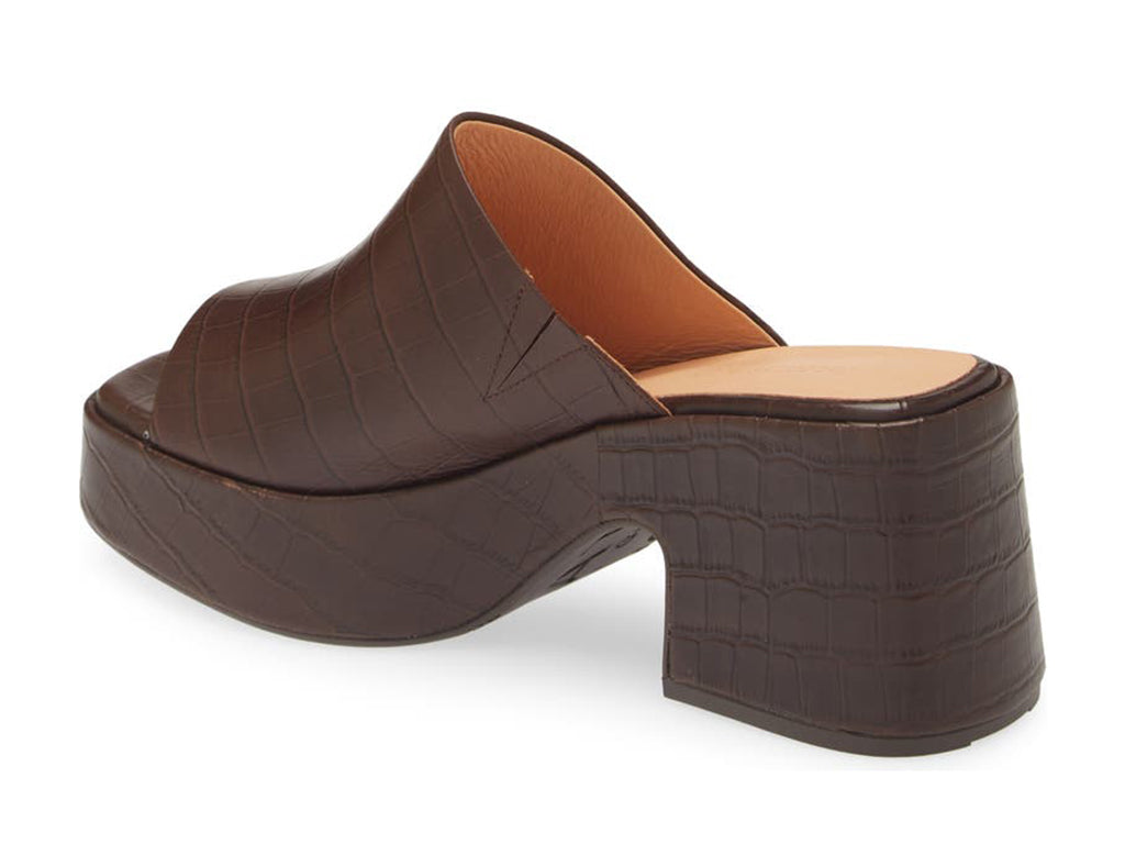 A brown peep toe chunky heel platform slide with croco design side angle view
