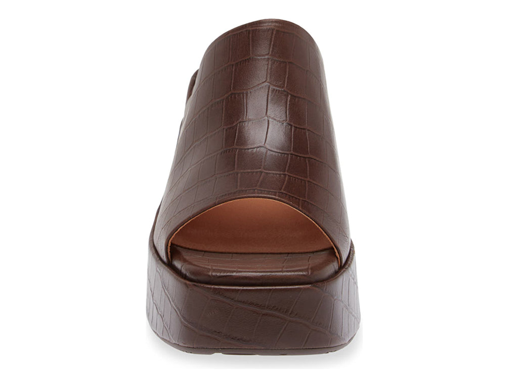 A brown peep toe chunky heel platform slide with croco design front view.