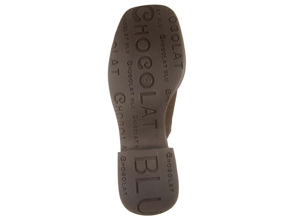 A brown peep toe chunky heel platform slide with croco design bottom sole view