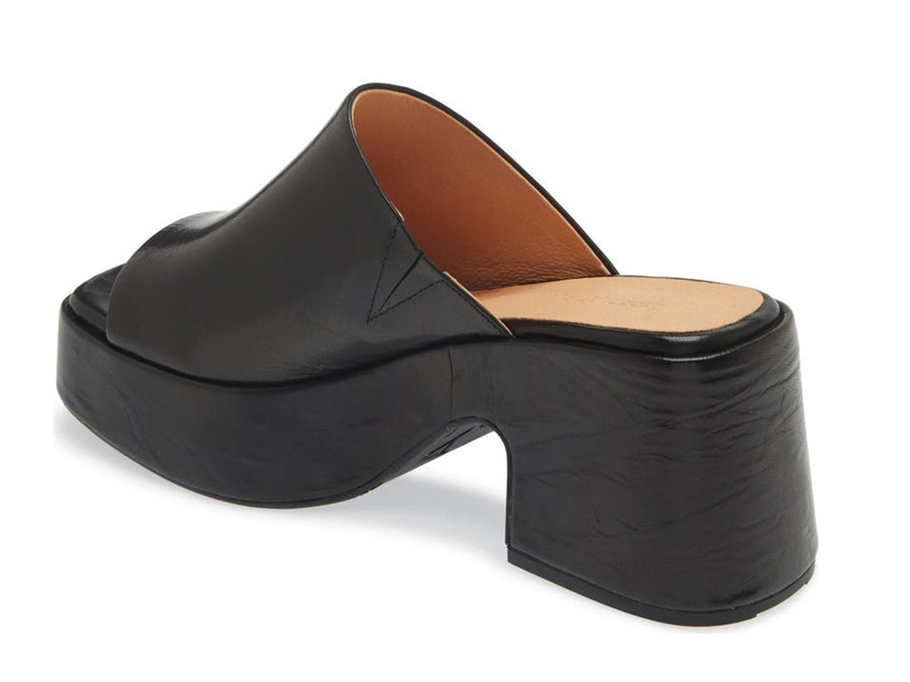 Black chunky heeled open toed platform mule with a leather upper on a white background side angle view