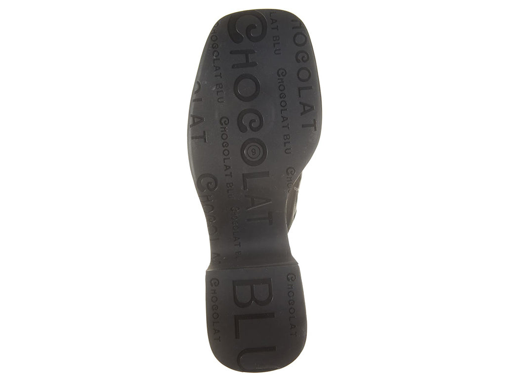 Black chunky heeled open toed platform mule with a leather upper on a white background bottom sole view