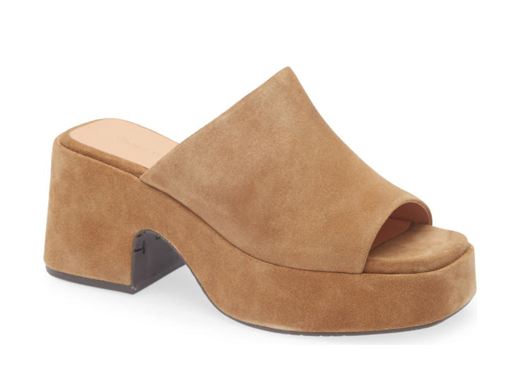 Tan chunky heeled open toed platform mule with a suede upper on a white background side angle view