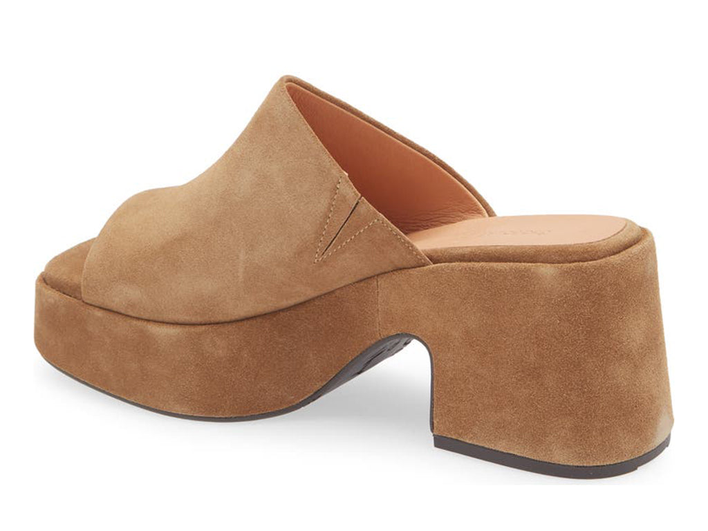 Tan chunky heeled open toed platform mule with a suede upper on a white background side angle view