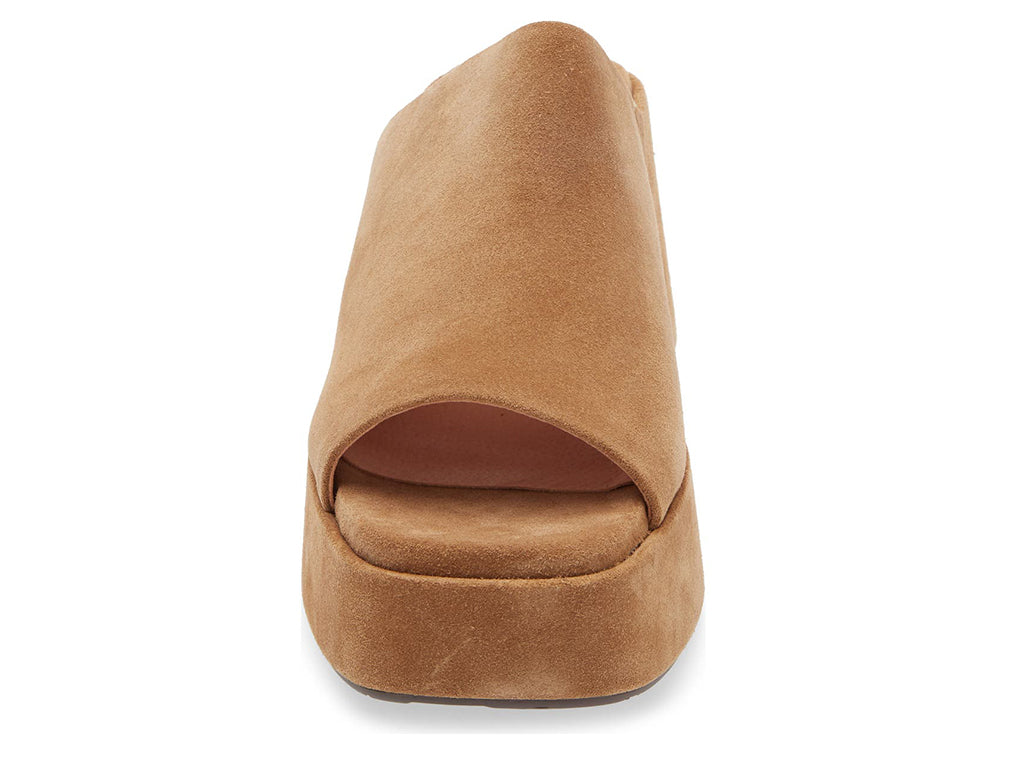 Tan chunky heeled open toed platform mule with a suede upper on a white background front view
