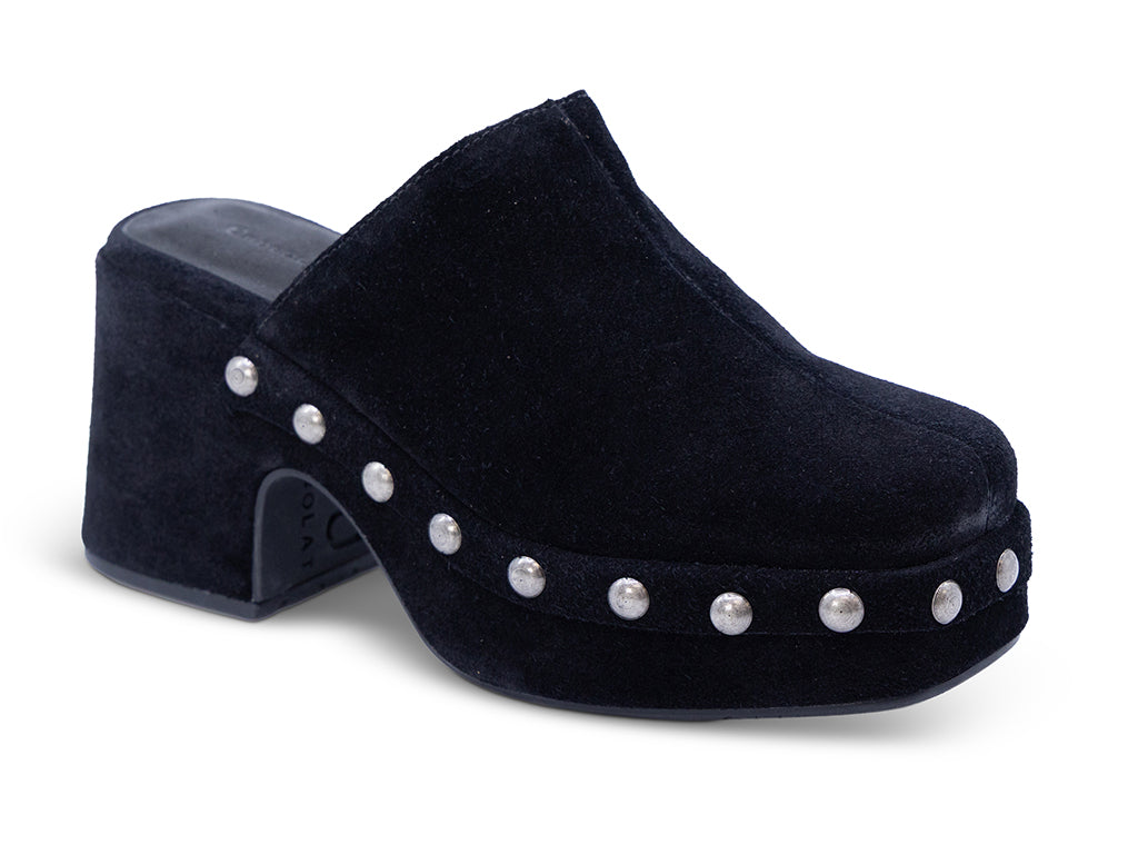 black suede platform clog with metal studs - front 3/4 view