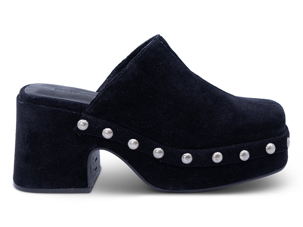 black suede platform clog with metal studs - outer side view