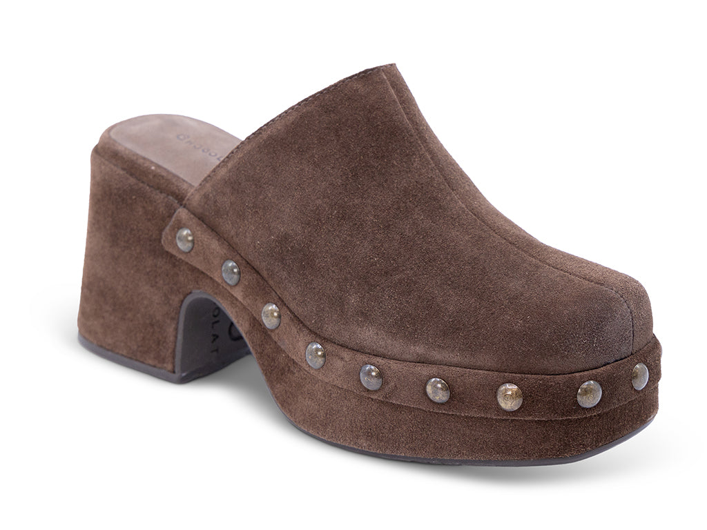 coffee suede platform clog with metal studs - front 3/4 view
