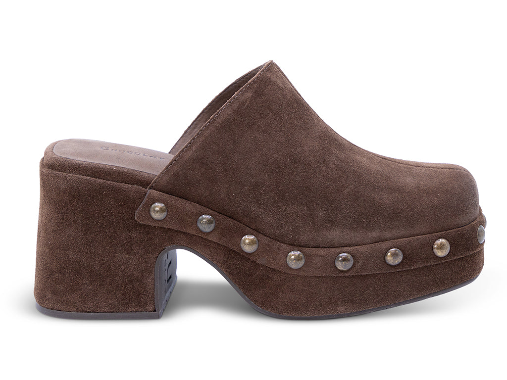 coffee suede platform clog with metal studs - outer side view