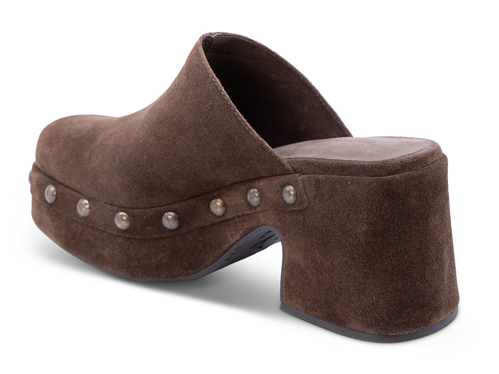 coffee suede platform clog with metal studs - inner side view