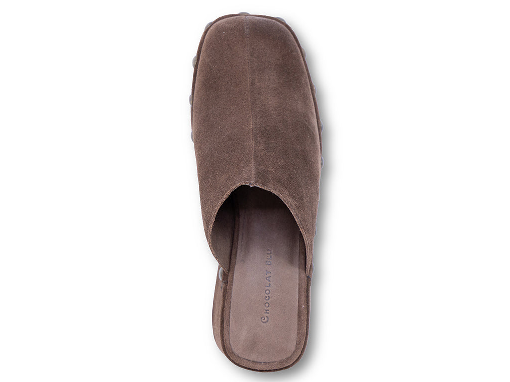 coffee suede platform clog with metal studs - top view