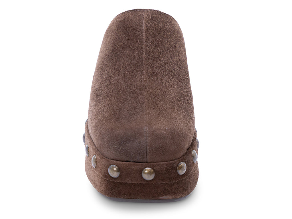 coffee suede platform clog with metal studs - front view