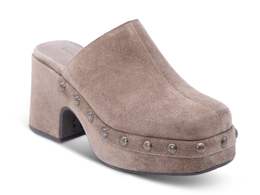 toffee suede platform clog with metal studs - front 3/4 view