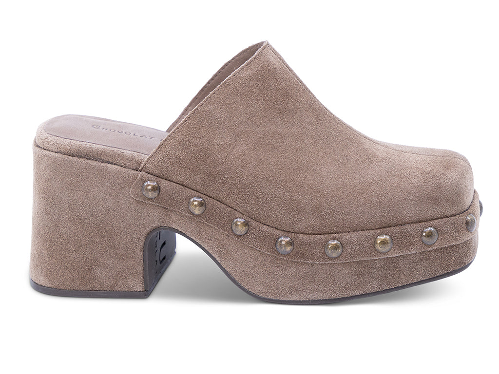 toffee suede platform clog with metal studs - outer side view