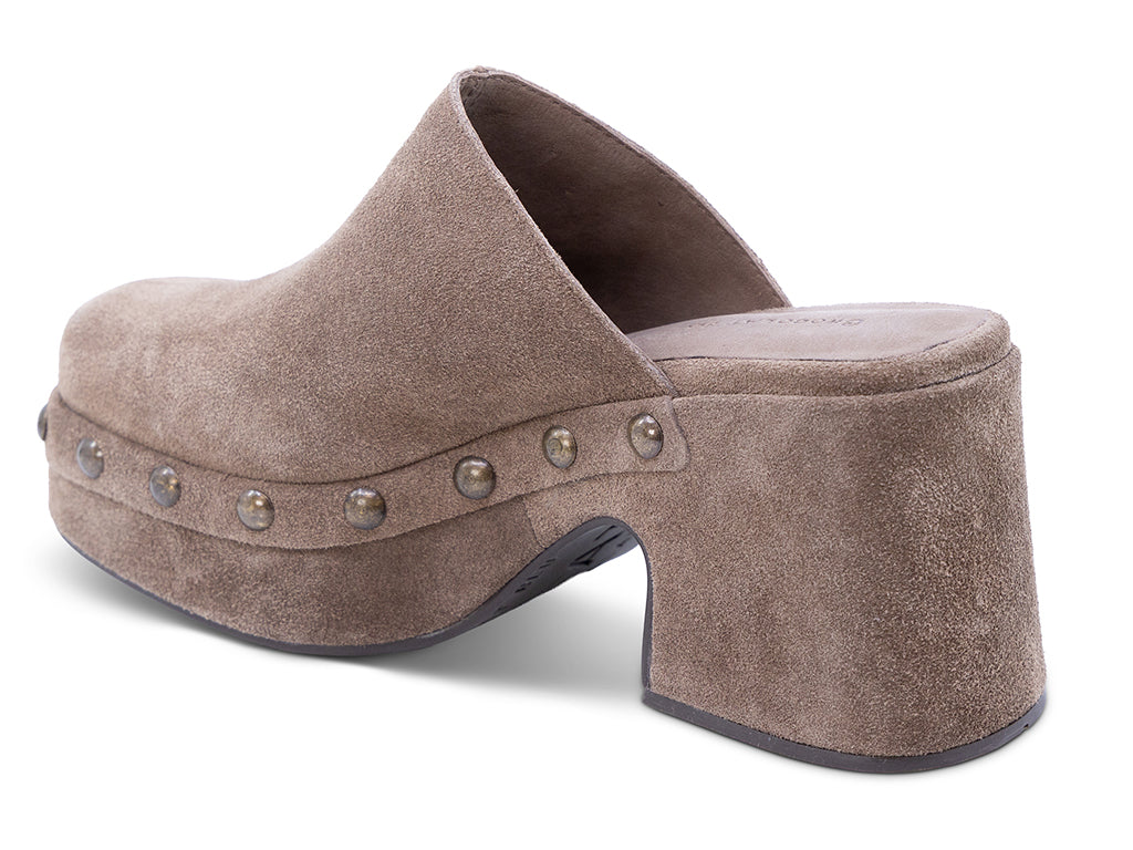 toffee suede platform clog with metal studs - inner side view