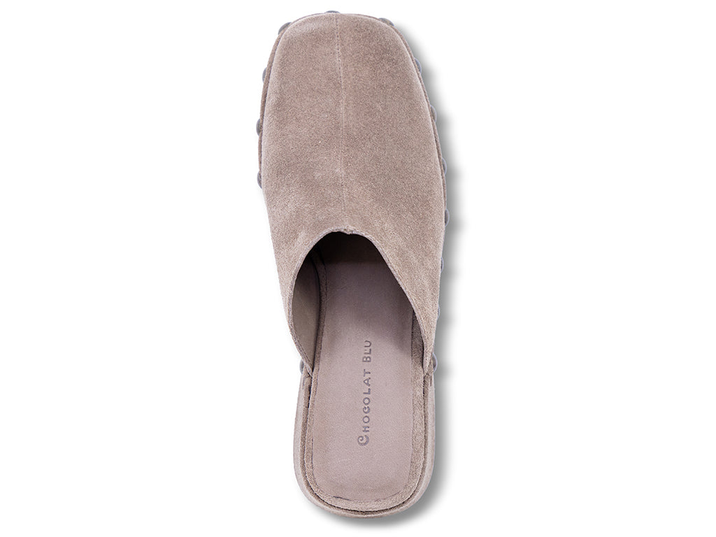 toffee suede platform clog with metal studs - top view