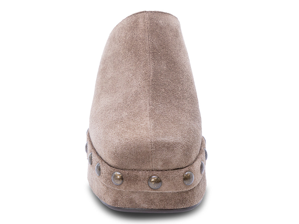 toffee suede platform clog with metal studs - front view