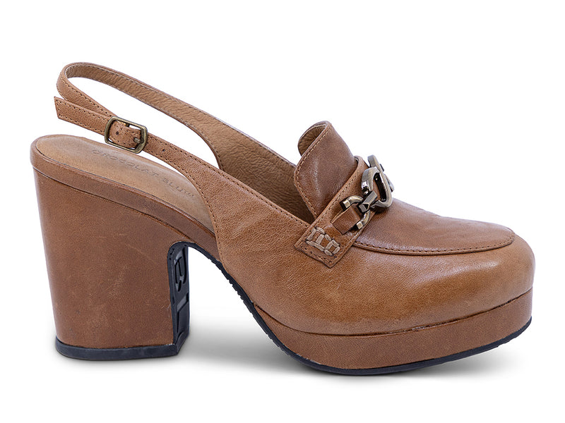 A brown leather platform slingback shoe with a high block heel and decorative chain detail across the vamp -outer side view