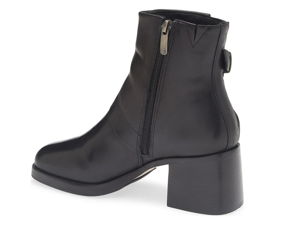 Black ankle boot with side zipper on a white background side angle view