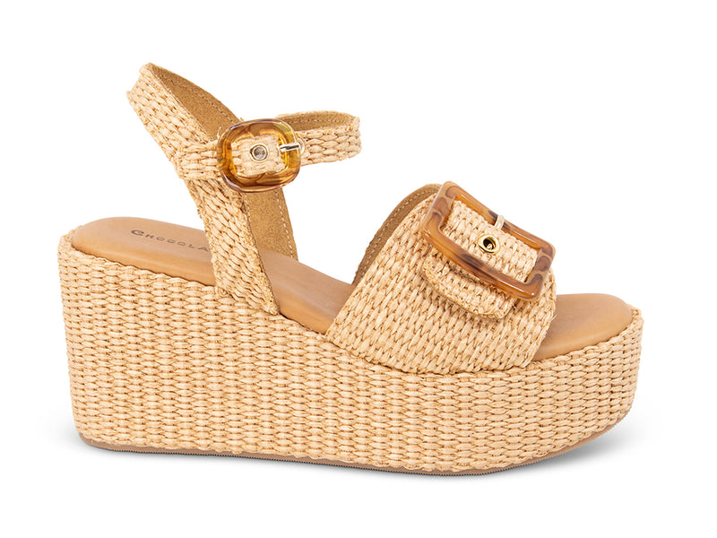 raffia upper wedge sandal with buckle and ankle strap - side view