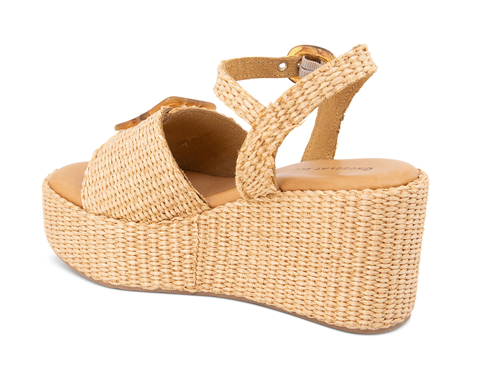raffia upper wedge sandal with buckle and ankle strap - view from the back