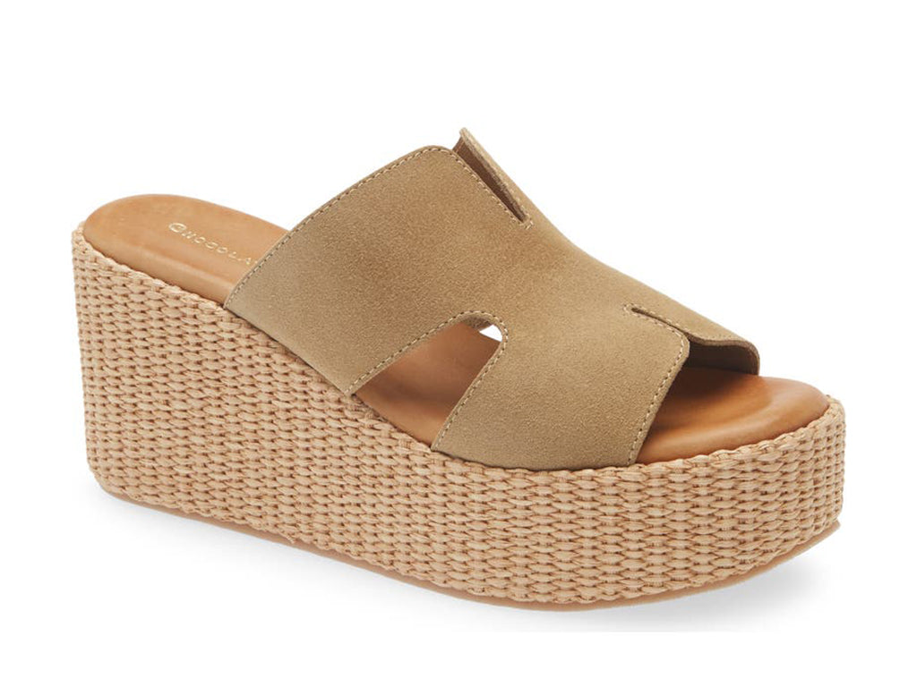 taupe wedge sandal with woven platform on a white background