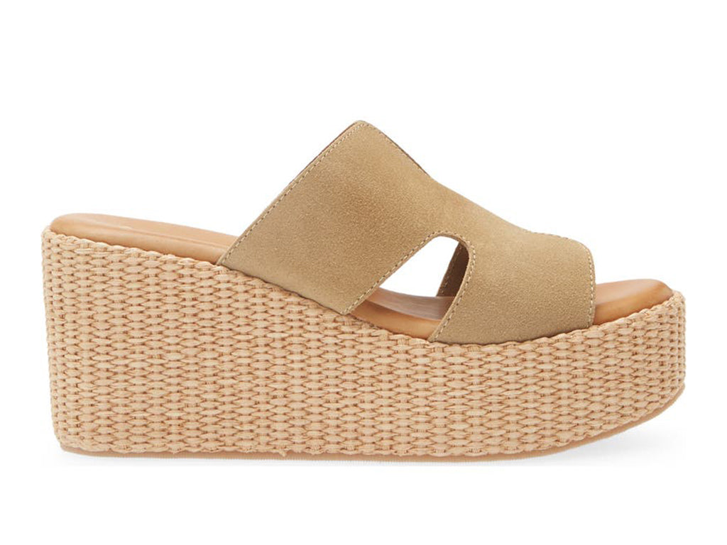 taupe sandal with woven platform sole on a white background
