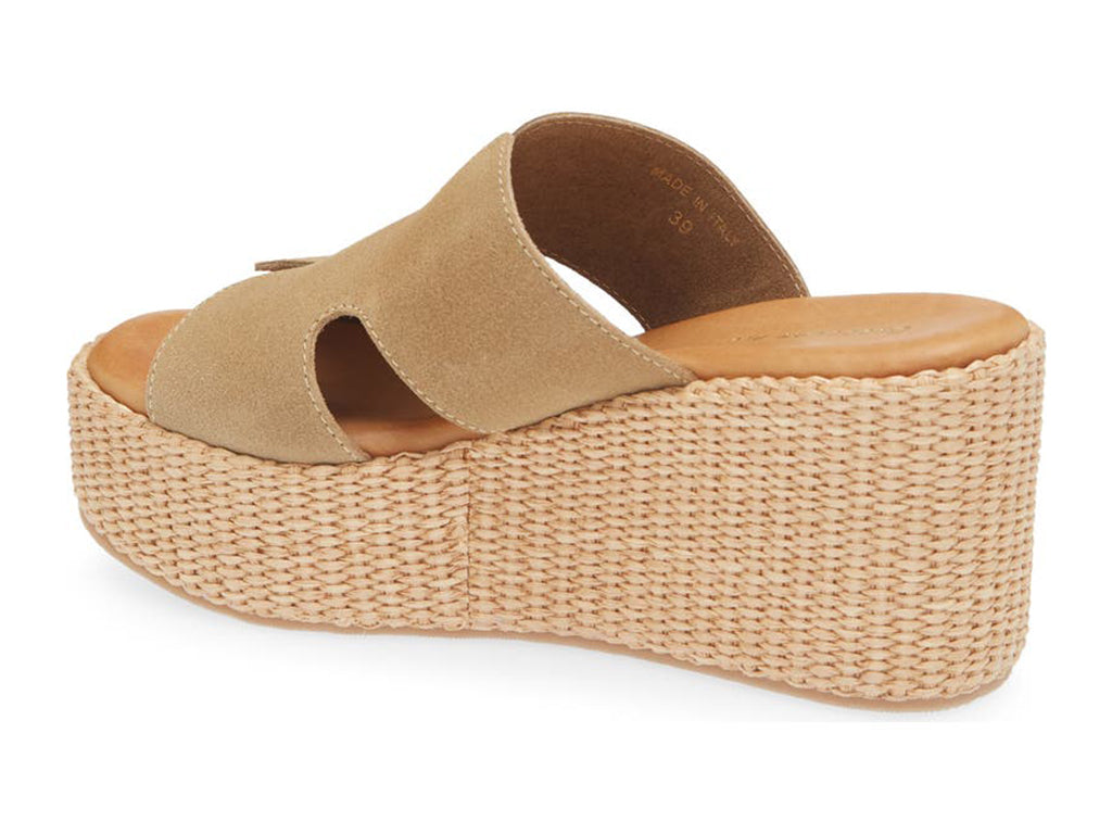 taupe wedge sandal with woven sole on a white background