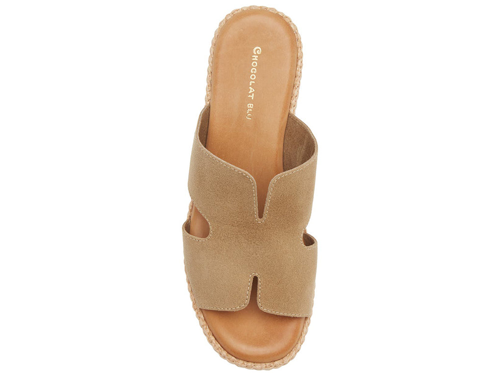 Taupe sandal with cork sole on a white background-top view