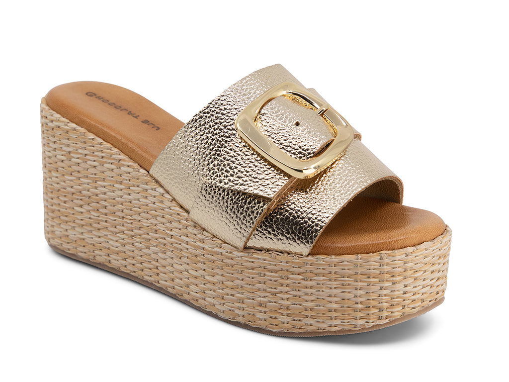 Jana Gold Wedge Slide with gold buckle_front angle view