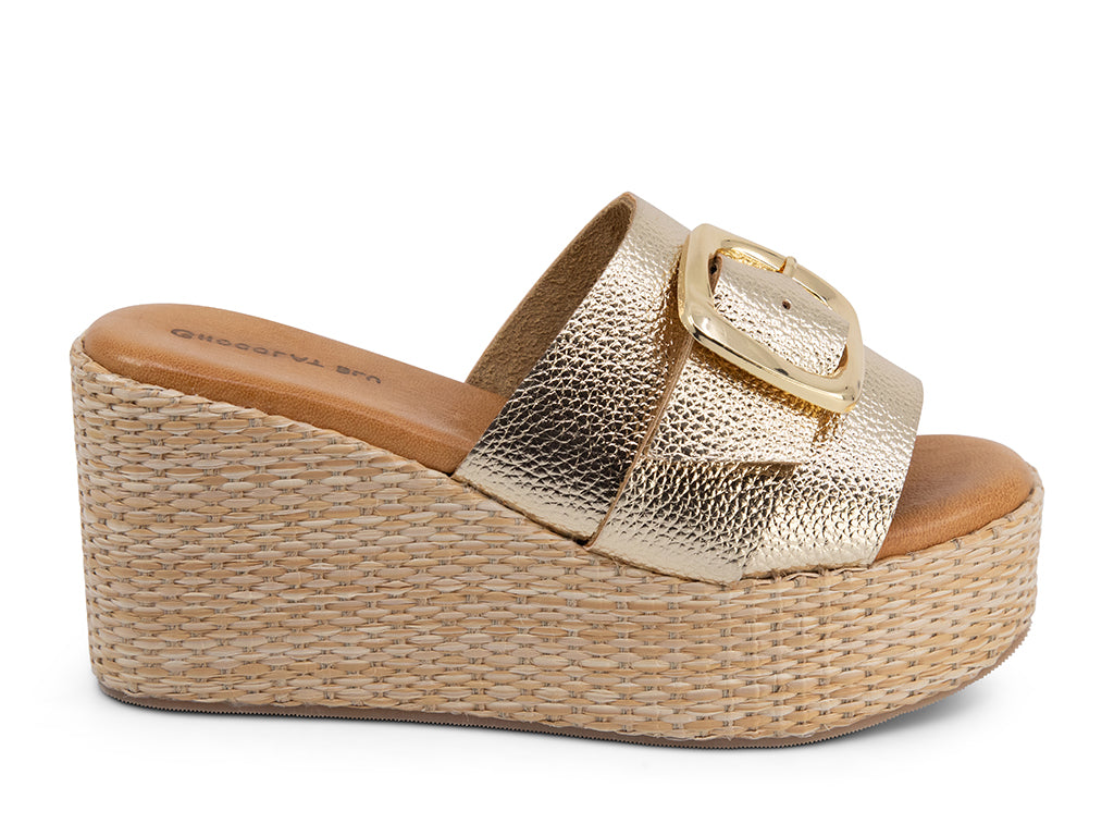 Jana Gold Wedge Slide with gold buckle_side view