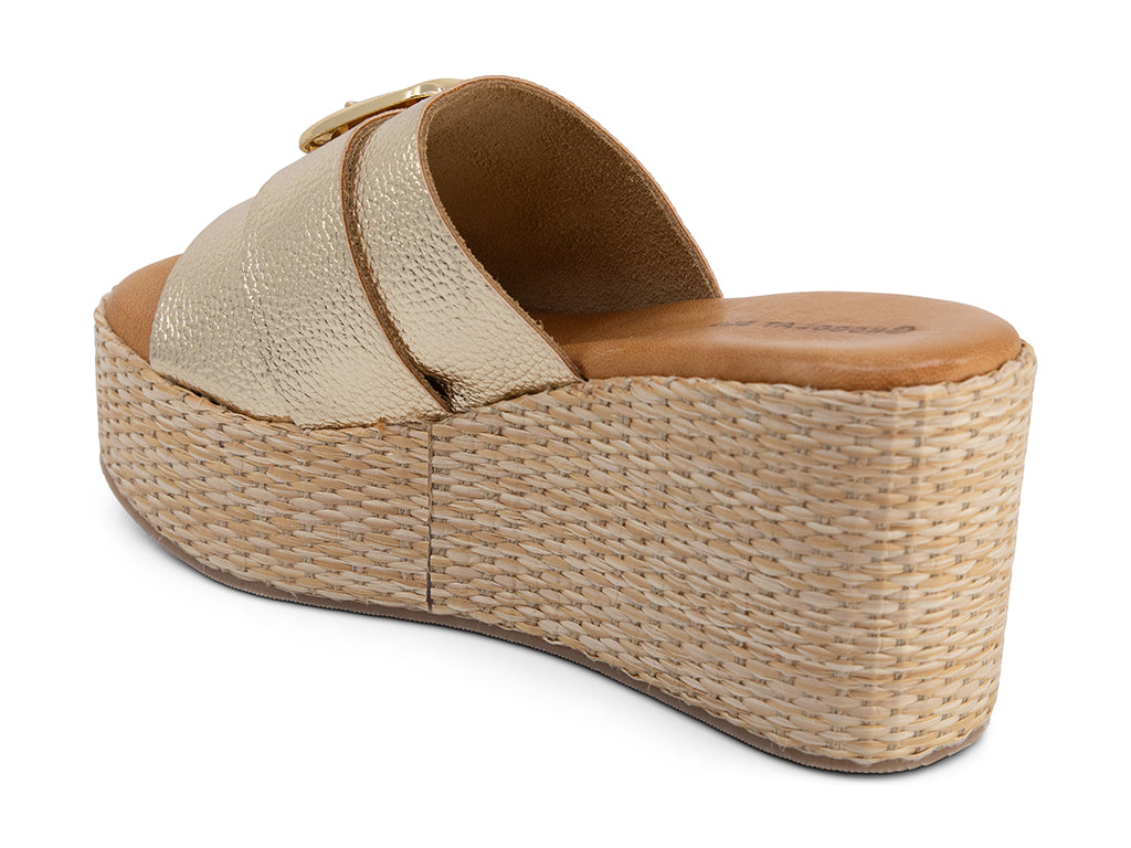 Jana Gold Wedge Slide with gold buckle_back and side view