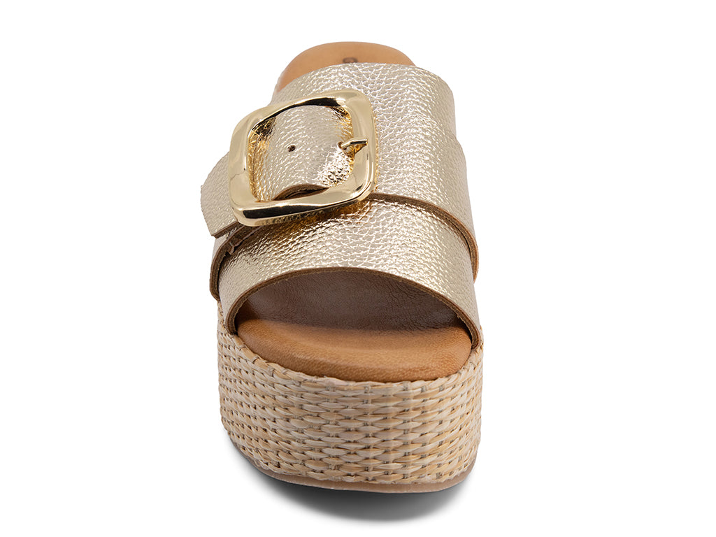 Jana Gold Wedge Slide with gold buckle_front and toe area view