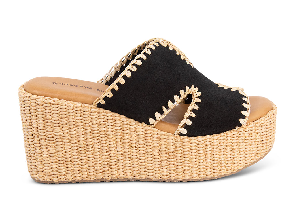 black suede slide sandal on a raffia wrapped wedge - side view