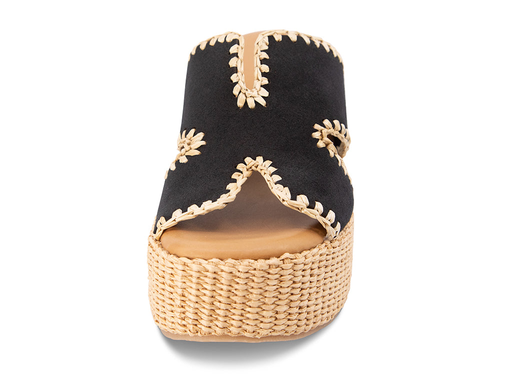 black suede slide sandal on a raffia wrapped wedge - front view