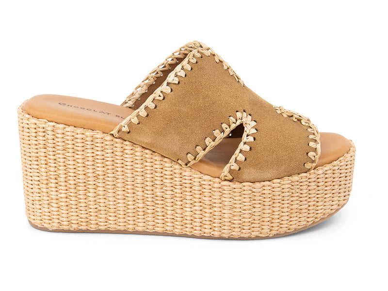 camel suede slide sandal on a raffia wrapped wedge - side view