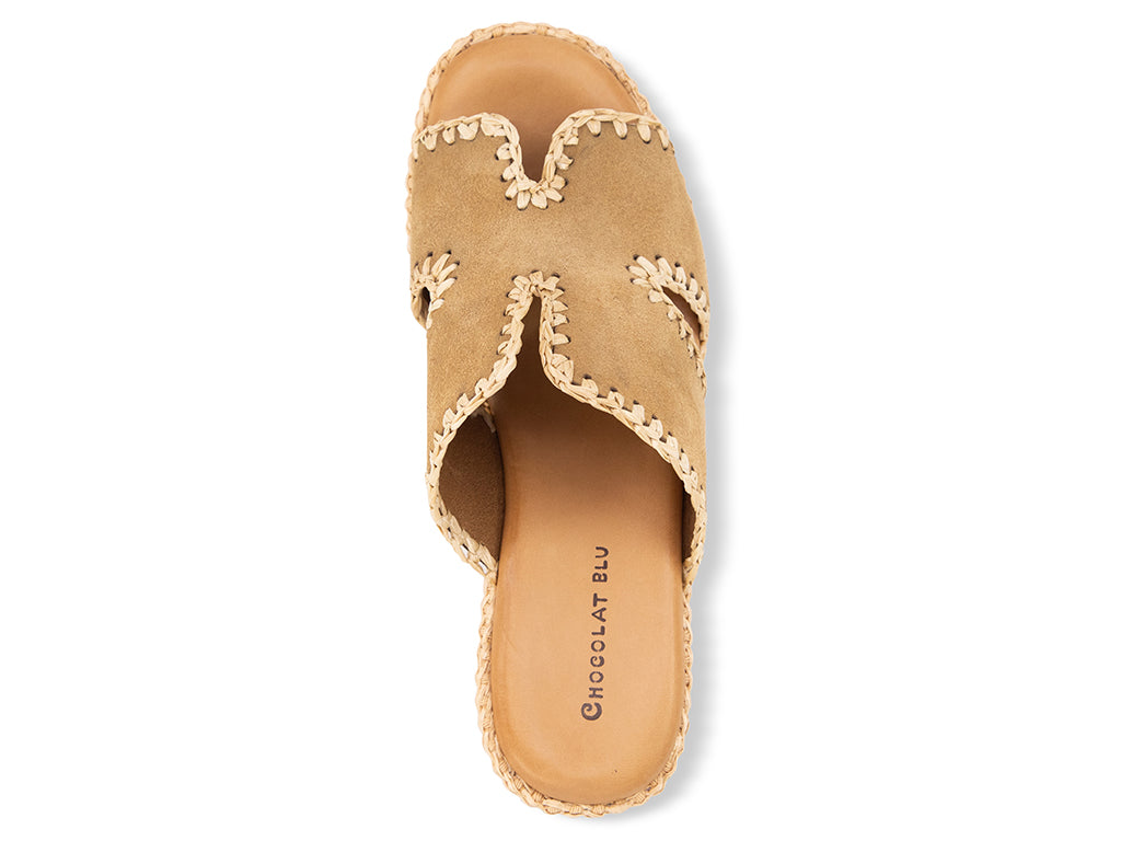 camel suede slide sandal on a raffia wrapped wedge - top view