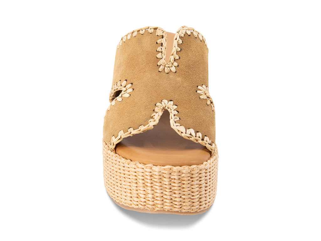 camel suede slide sandal on a raffia wrapped wedge - front view of the toe opening and the upper