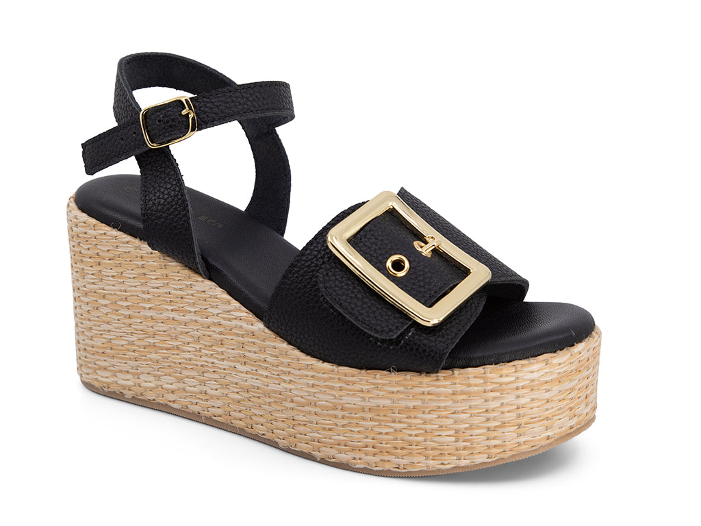 Jenis Black Wedge Sandal with gold buckle_front angle view