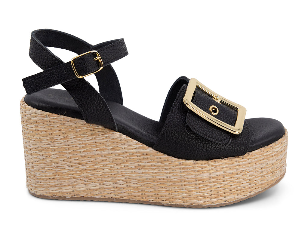 Jenis Black Wedge Sandal with gold buckle_side view