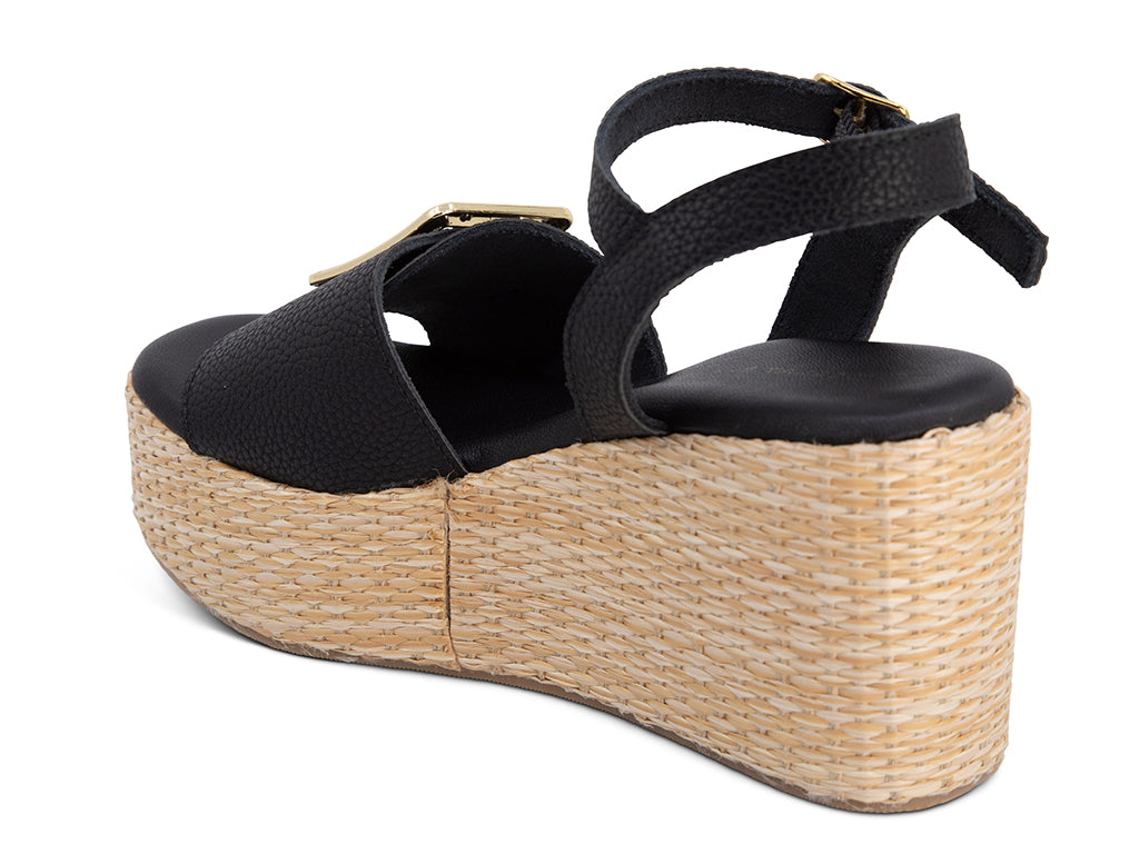 Jenis Black Wedge Sandal with gold buckle_back and side angle view