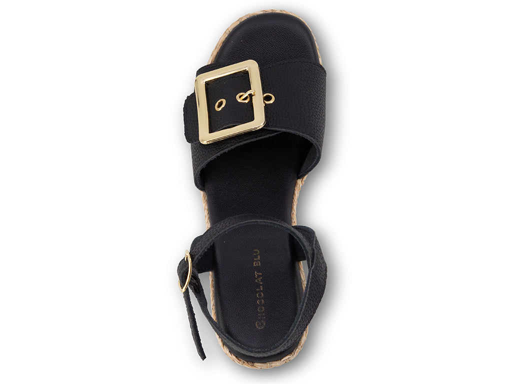 Jenis Black Wedge Sandal with gold buckle_top view